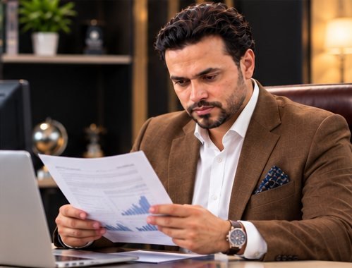 Junaid Tariq reviewing a monthly performance report